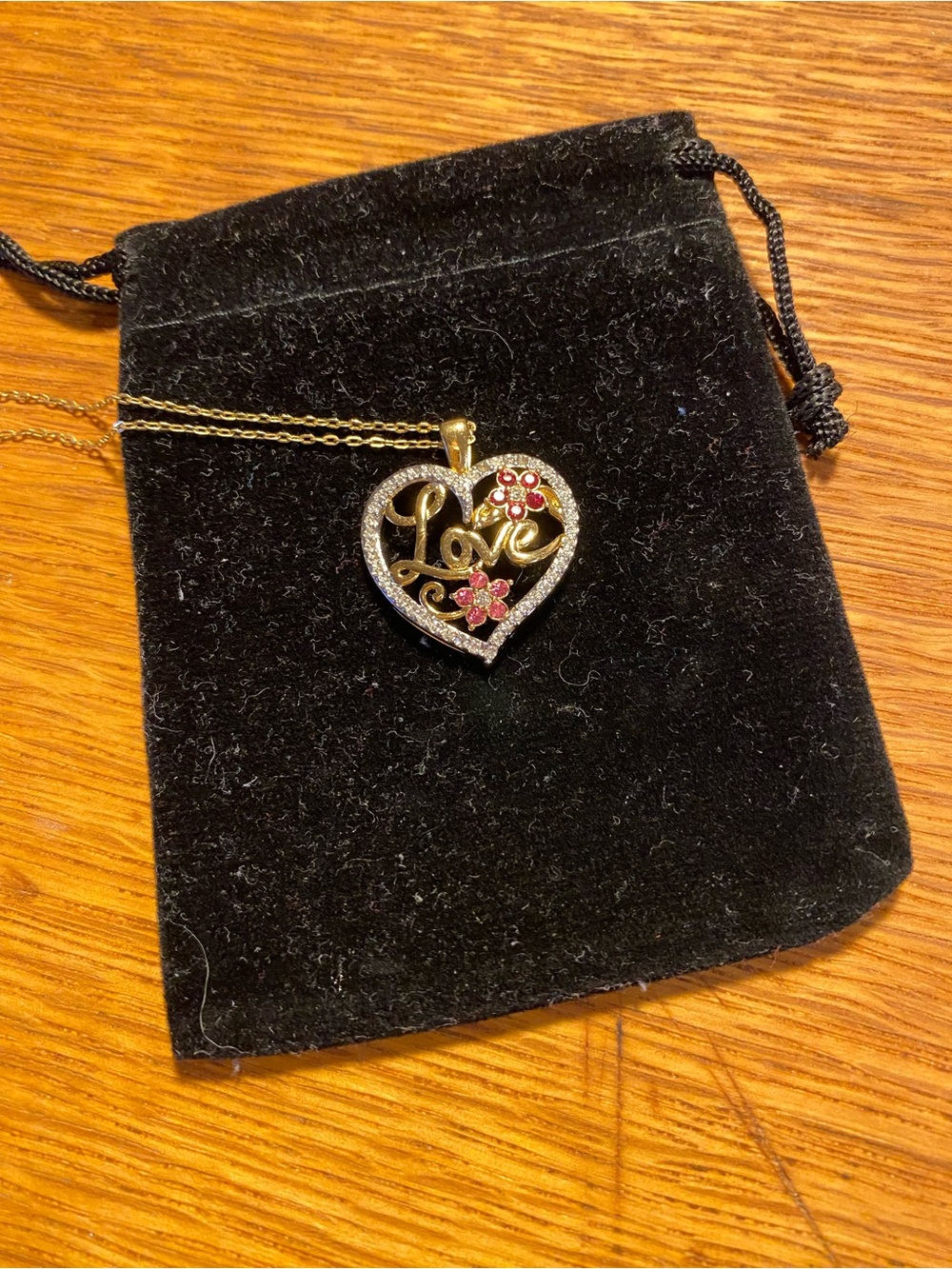 Gold Heart 'Love' Pendant Necklace w/ Pink Flower Accents